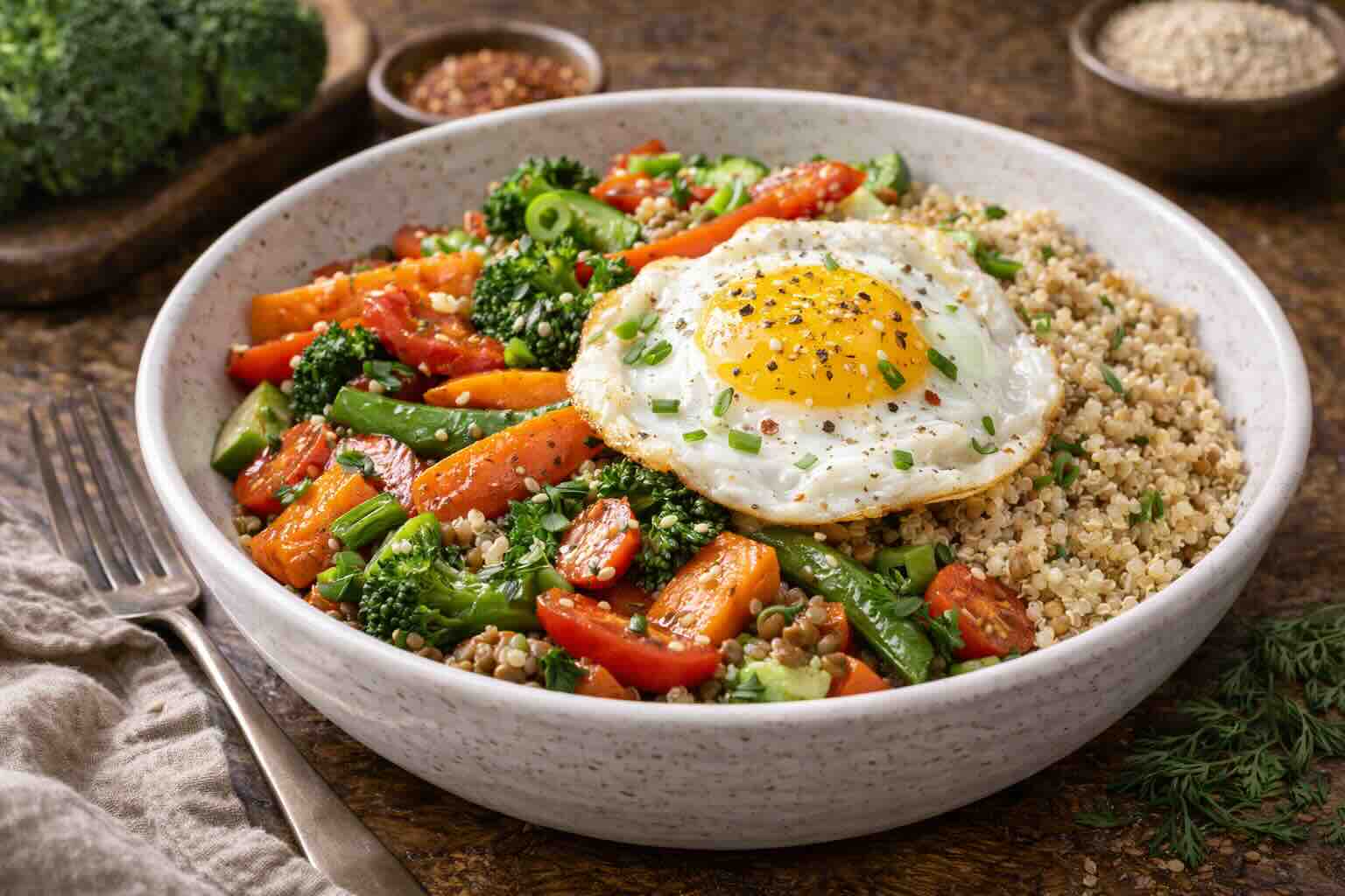Vegetable stir fry with quinoa and fried egg