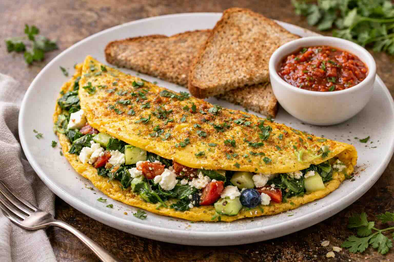 Spinach Feta Masala Omelette with Whole Wheat Toast
