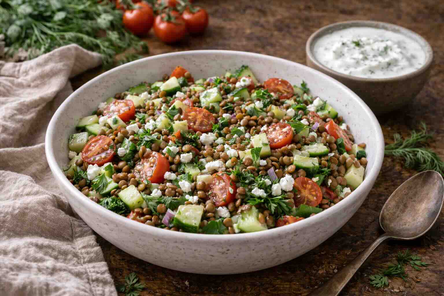 Chilled Lentil Cucumber Salad with Dill Yogurt Dressing · RecipeUncle