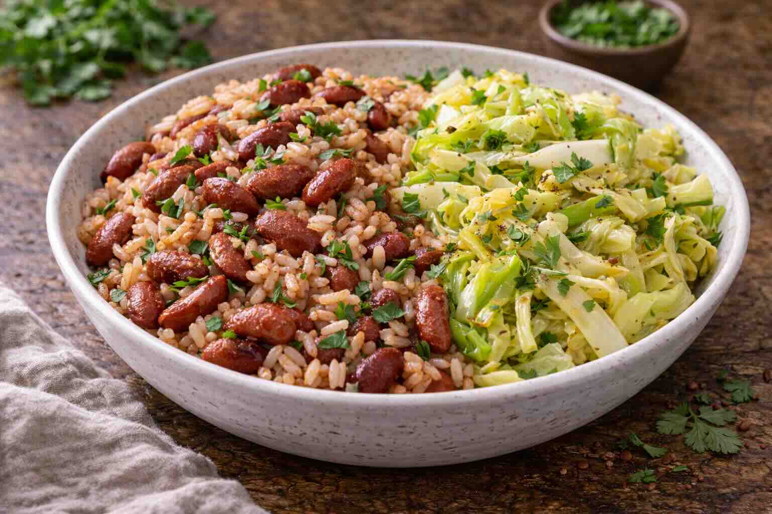 Rice and Beans with Sautéed Cabbage