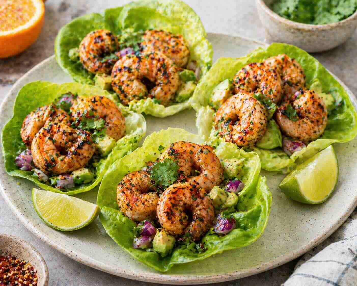 Grilled citrus shrimp and avocado lettuce cups