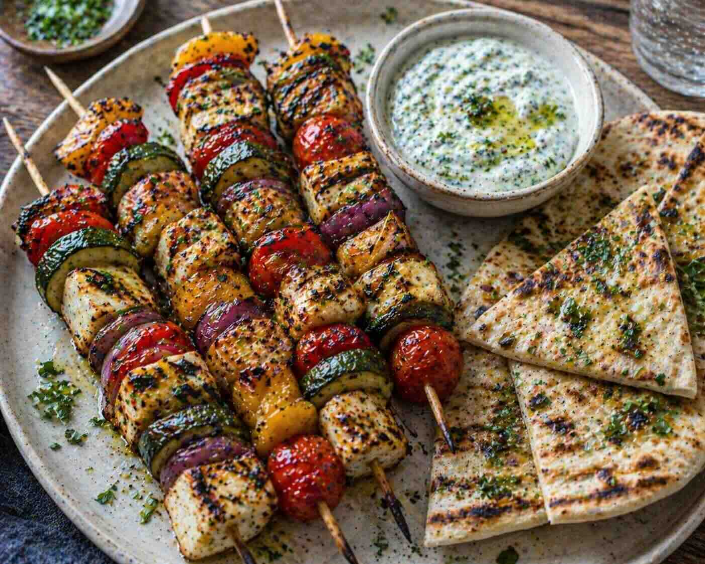 Halloumi Vegetable Skewers with Herbed Flatbread